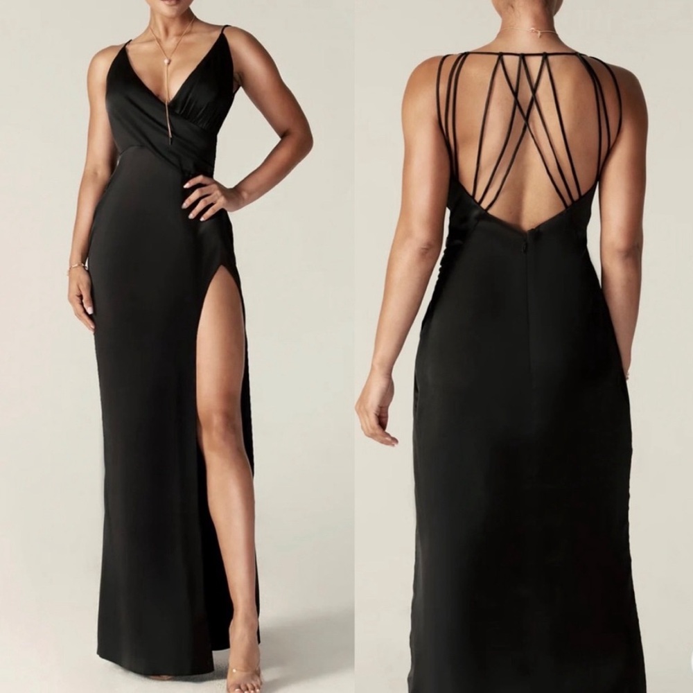 Alieva Marlyn Black Strappy Satin Gown Sz L Slit Sexy Maxi‎